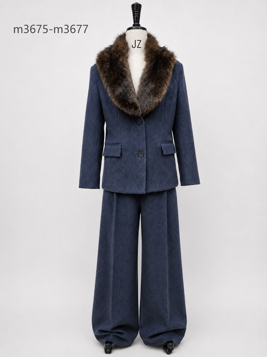 Women's Winter Faux Fur Collar Blazer and Pants Set wholesale manufacturer style M3675 view 1