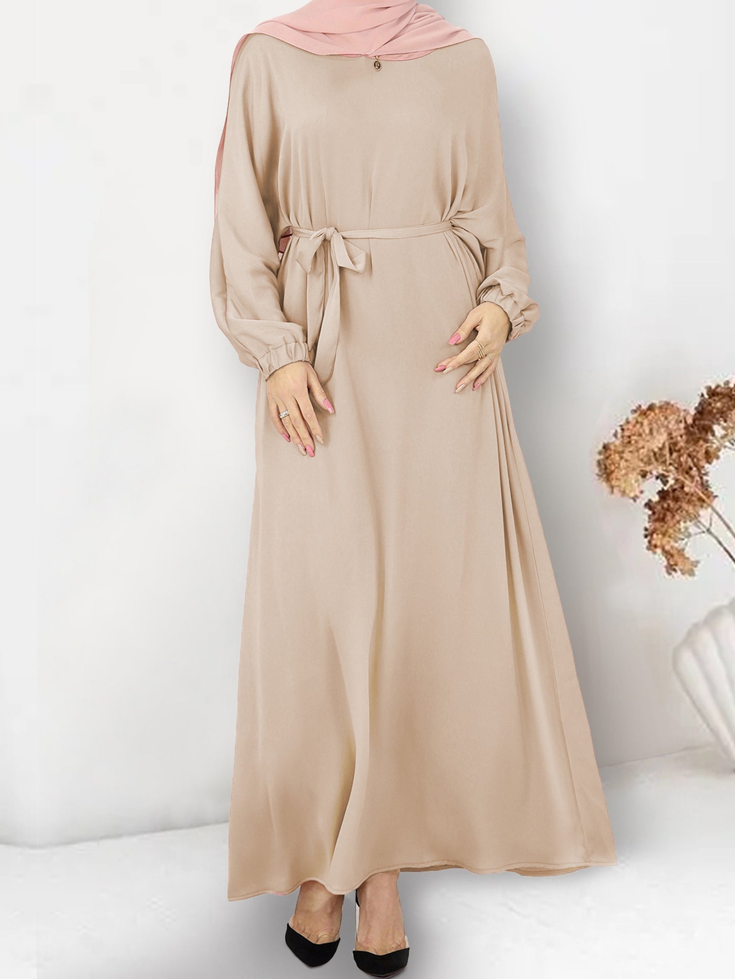 Ramadan Crew Neck Long Sleeve Kaftan Dress, Elegant Maxi Length Tied Dress, Women's Clothing MSL17