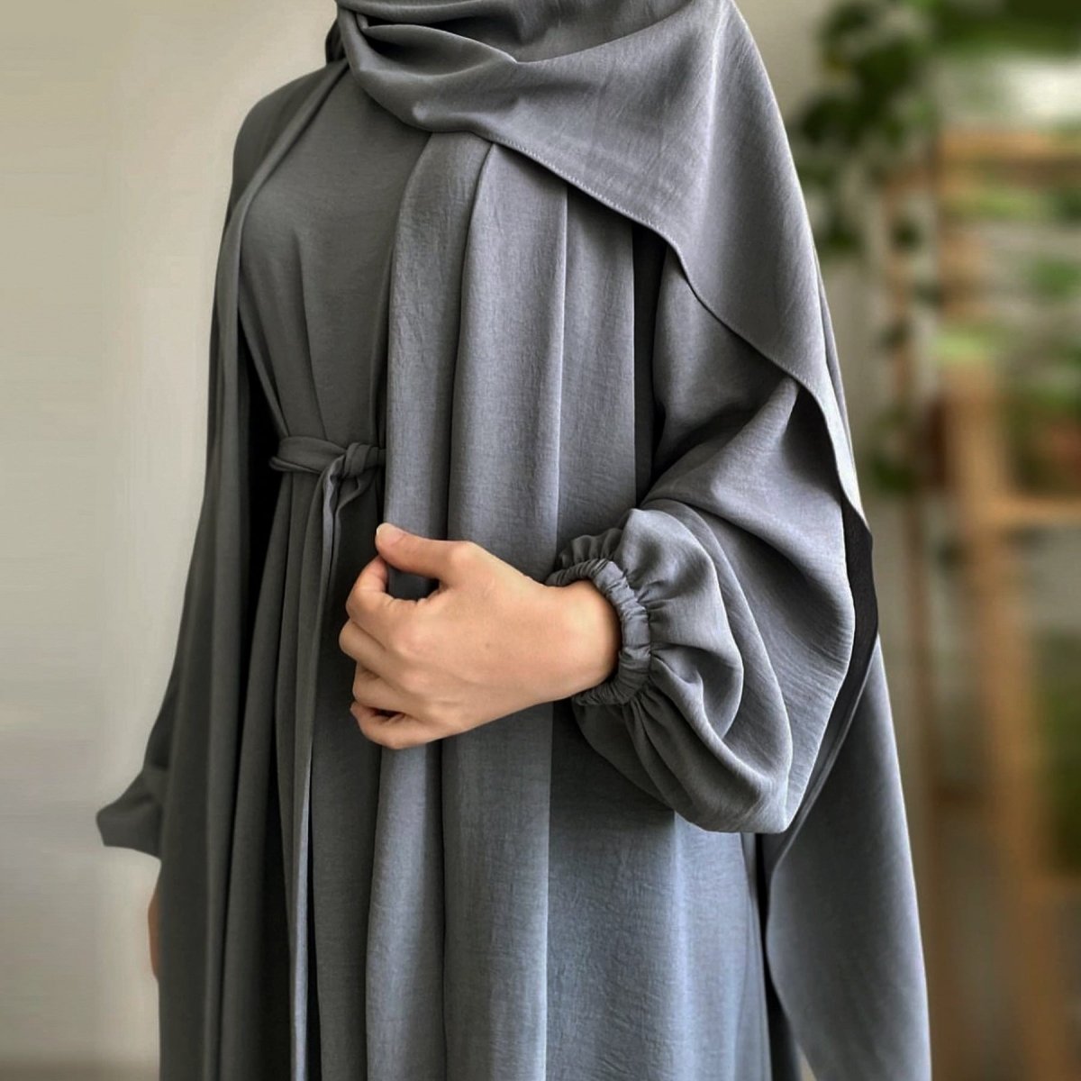 Wholesale Solid Color Elegant Open Abaya 3 Piece Set with Pockets - OEM Modest Wear Factory