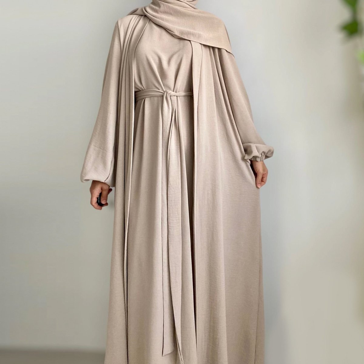 Wholesale Solid Color Elegant Open Abaya 3 Piece Set with Pockets - OEM Modest Wear Factory