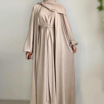 Wholesale Solid Color Elegant Open Abaya 3 Piece Set with Pockets - OEM Modest Wear Factory