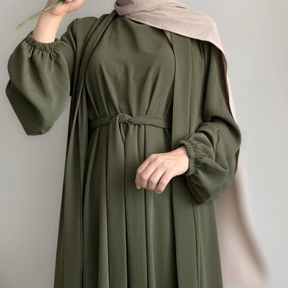 Wholesale Solid Color Elegant Open Abaya 3 Piece Set with Pockets - OEM Modest Wear Factory