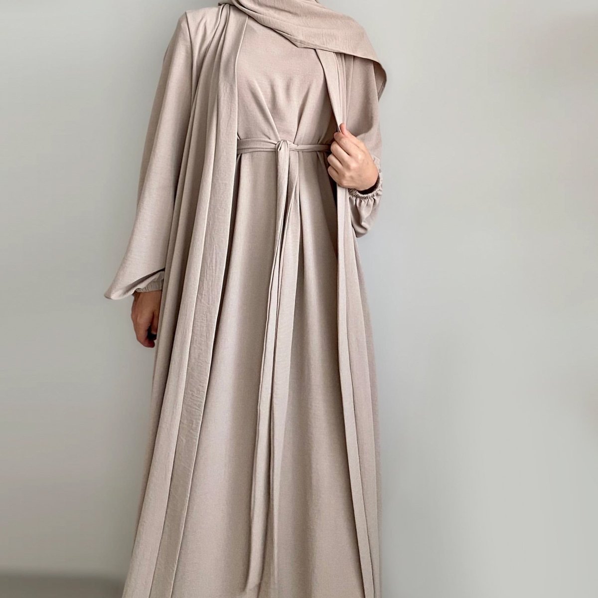 Wholesale Solid Color Elegant Open Abaya 3 Piece Set with Pockets - OEM Modest Wear Factory