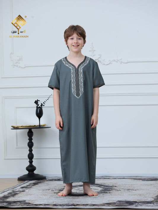 Moroccan Embroidered Short Sleeve Boys Thobe Wholesale Ready to Ship | KID0002 wholesale KID0002 image 1