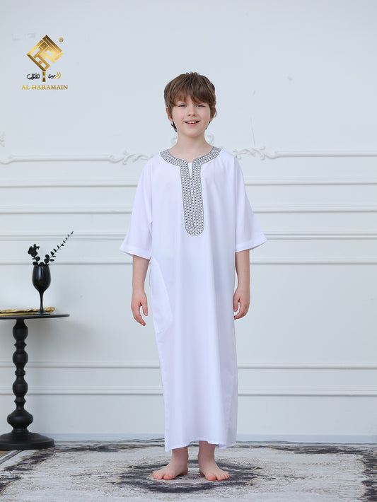 Moroccan Embroidered Short Sleeve Boys Thobe Wholesale Ready to Ship | KID0006 wholesale KID0006 image 1