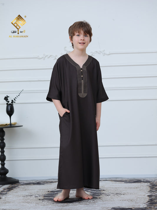 Moroccan Embroidered Short Sleeve Boys Thobe Wholesale Ready to Ship | KID0009 wholesale KID0009 image 1