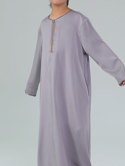 Ramadan Muslim Boys Satin Contrast Color Zipper Loose Thobe Robe MSL157