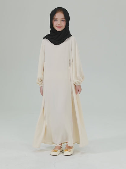 Ramadan Abaya Muslim Elegant Girl's Solid Crew Neck Long Sleeve Kaftan Dress For Pray Party MSL195