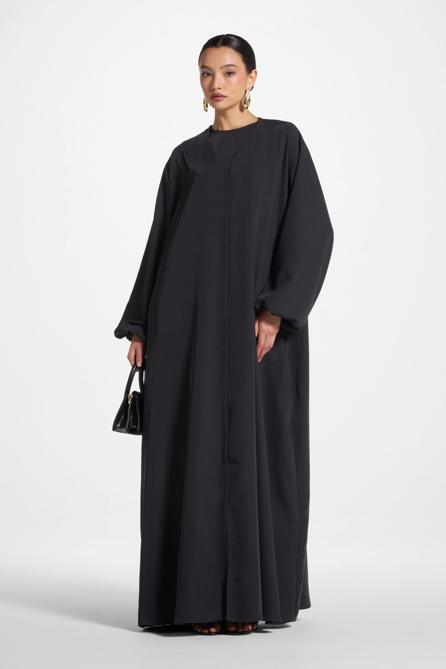 Wholesale Black Balloon Sleeve Open Abaya - Custom Nida Abaya Factory
