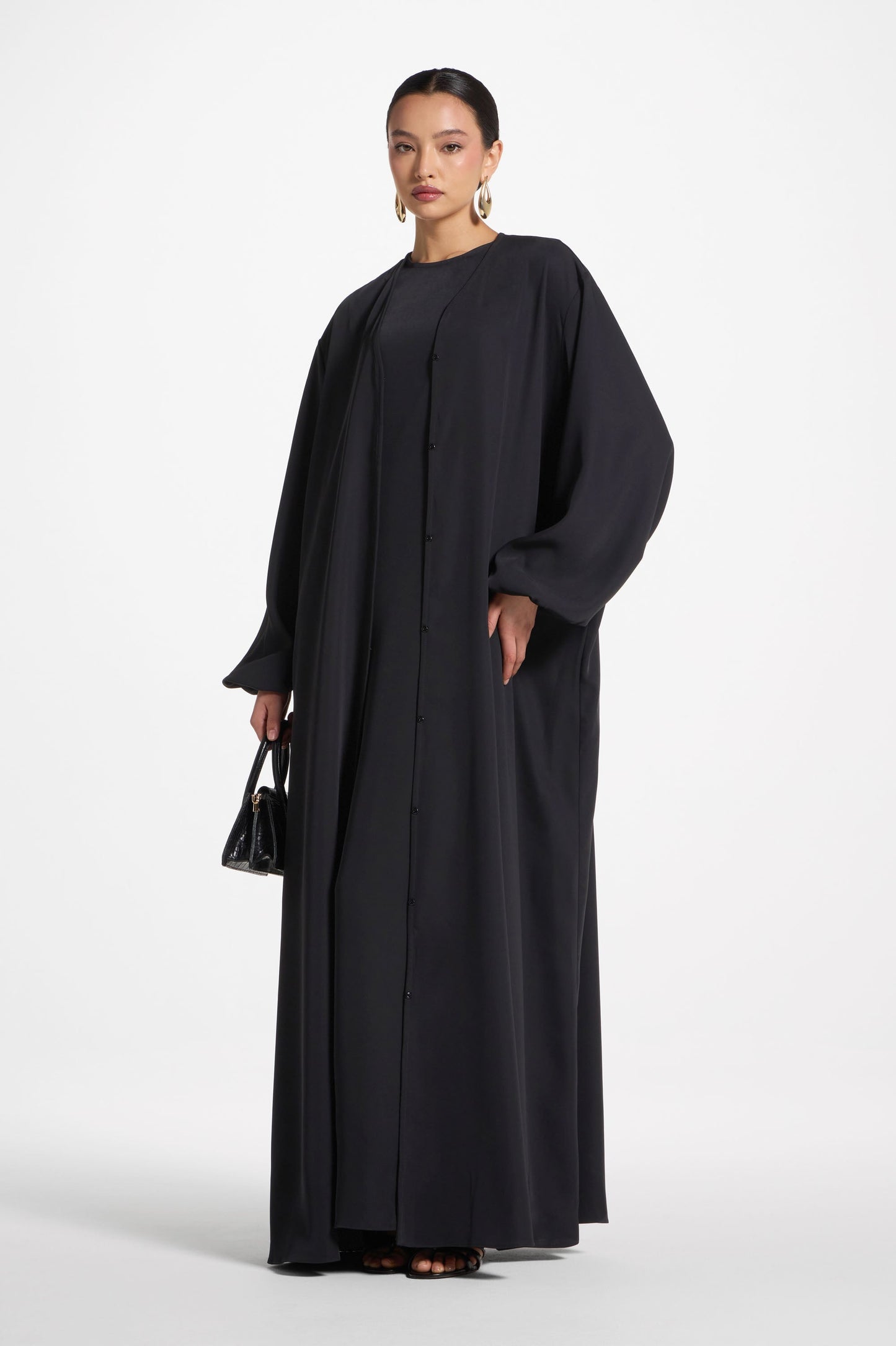 Wholesale Black Balloon Sleeve Open Abaya - Custom Nida Abaya Factory
