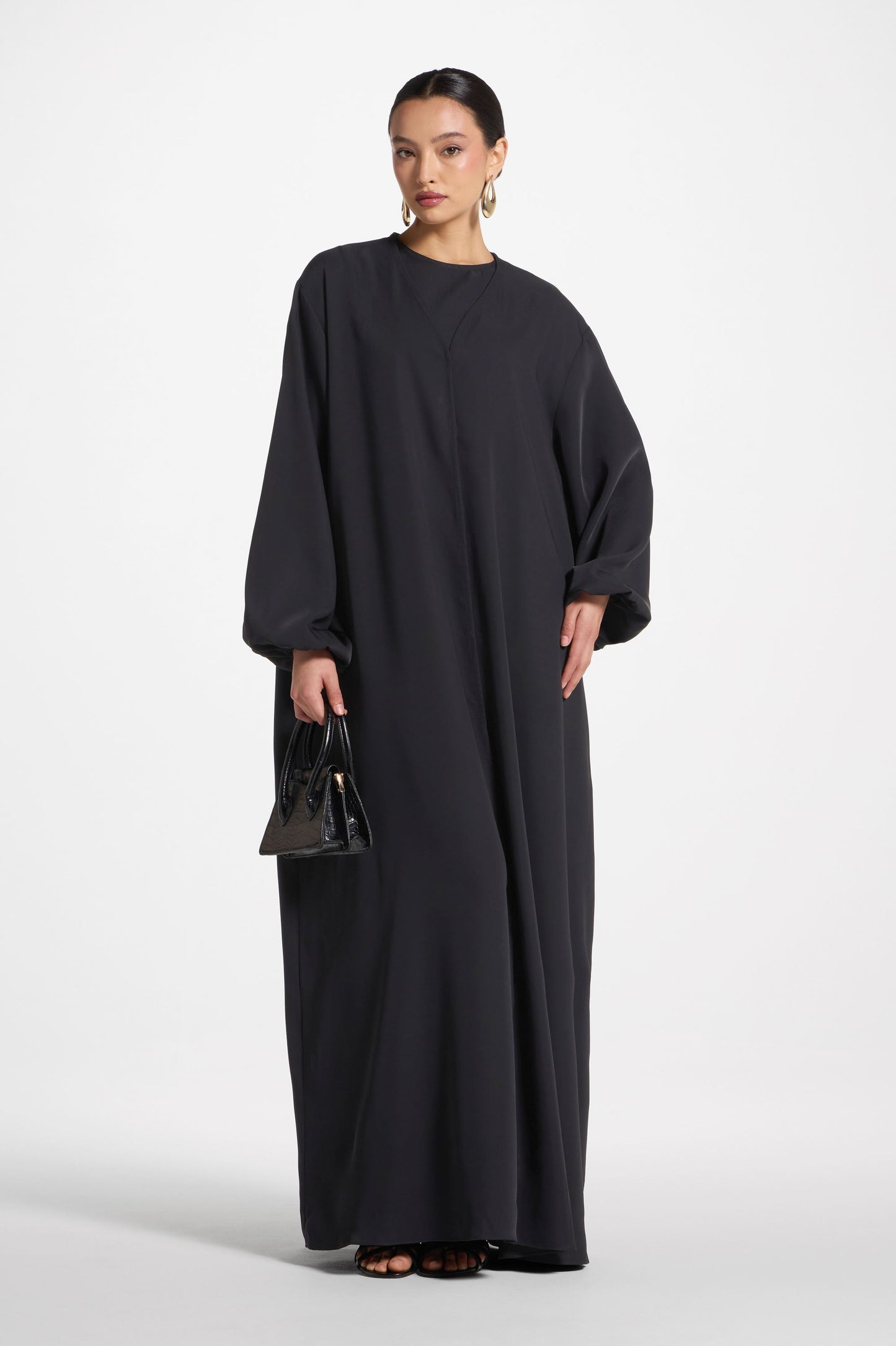 Wholesale Black Balloon Sleeve Open Abaya - Custom Nida Abaya Factory