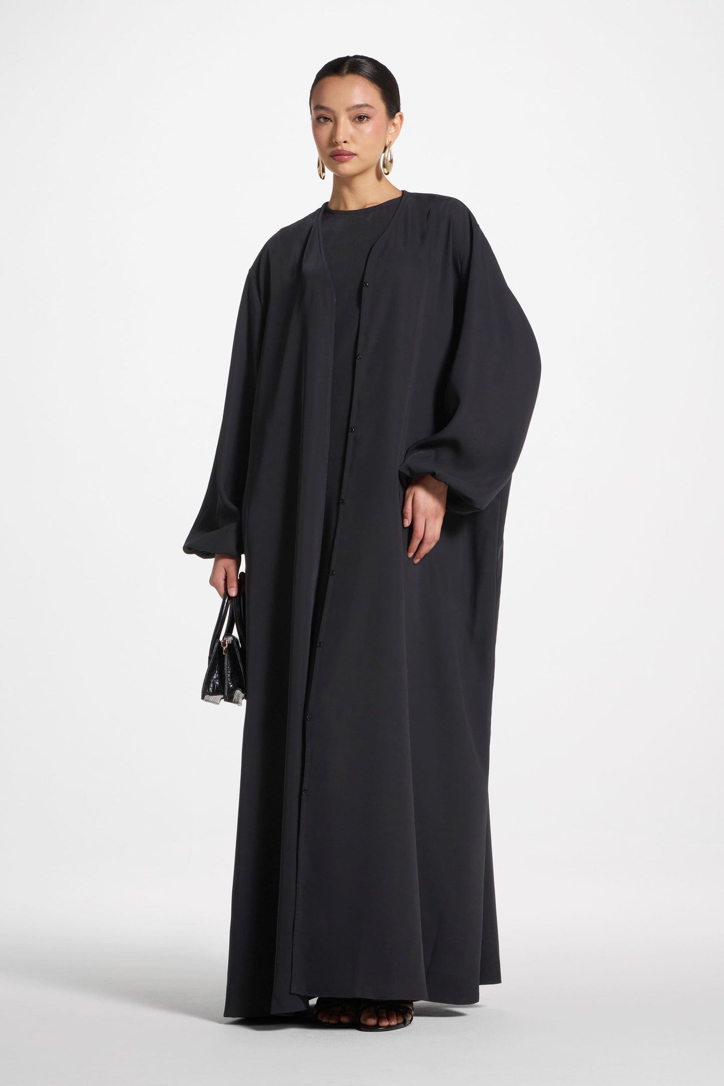 Wholesale Black Balloon Sleeve Open Abaya - Custom Nida Abaya Factory