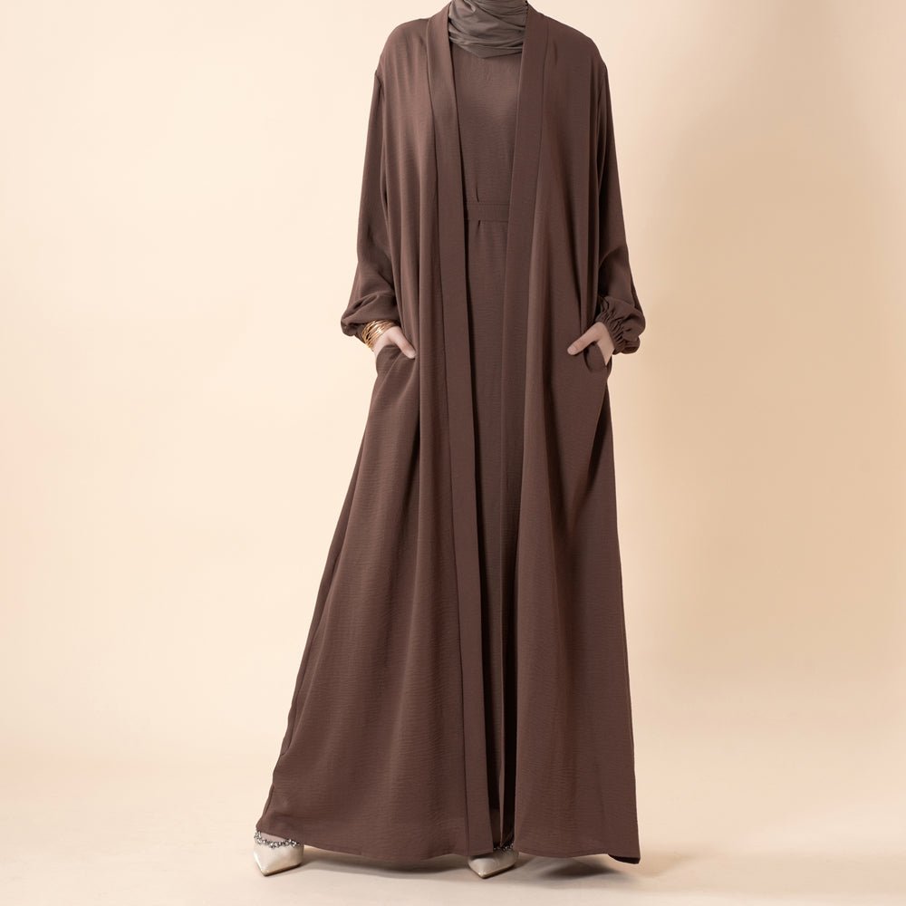 Wholesale Solid Color Elegant Open Abaya 3 Piece Set with Pockets - OEM Modest Wear Factory