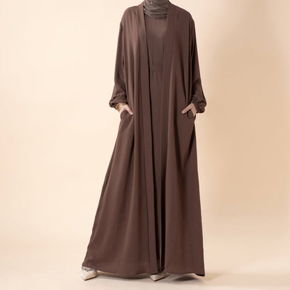 Wholesale Solid Color Elegant Open Abaya 3 Piece Set with Pockets - OEM Modest Wear Factory