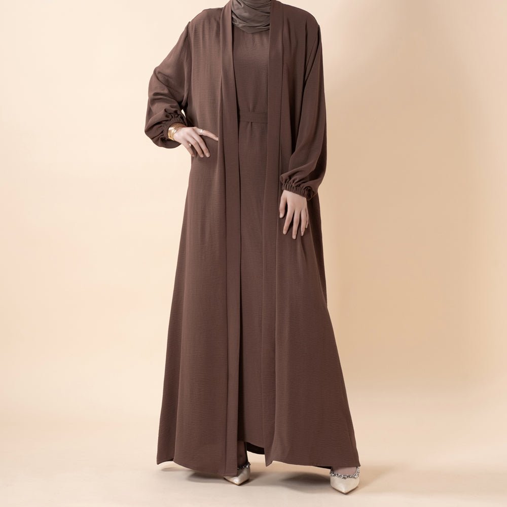 Wholesale Solid Color Elegant Open Abaya 3 Piece Set with Pockets - OEM Modest Wear Factory