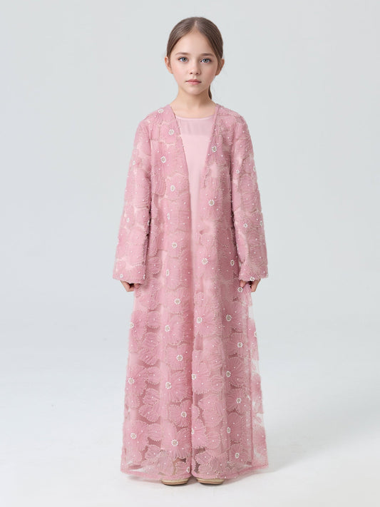 Wholesale Girls Mesh Flower Bead Embroidered Abaya Set MK2653 - OEM ODM Modest Wear Factory