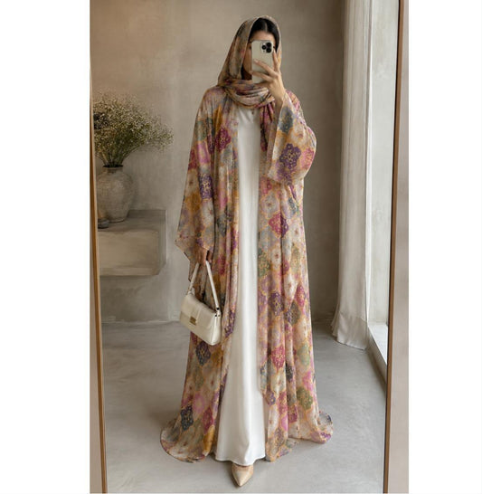 Two-piece Silky Cotton Abaya Cardigan and Hijab Set wholesale abaya manufacturer ABD-11000037936540