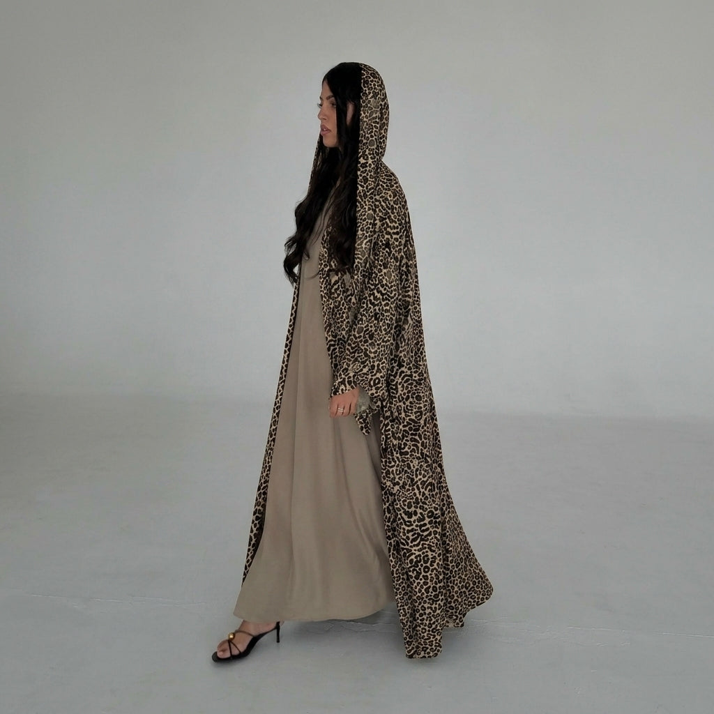 Leopard Print Chiffon Open Abaya Inner Dress and Hijab Set wholesale abaya manufacturer ABD-11000037948442