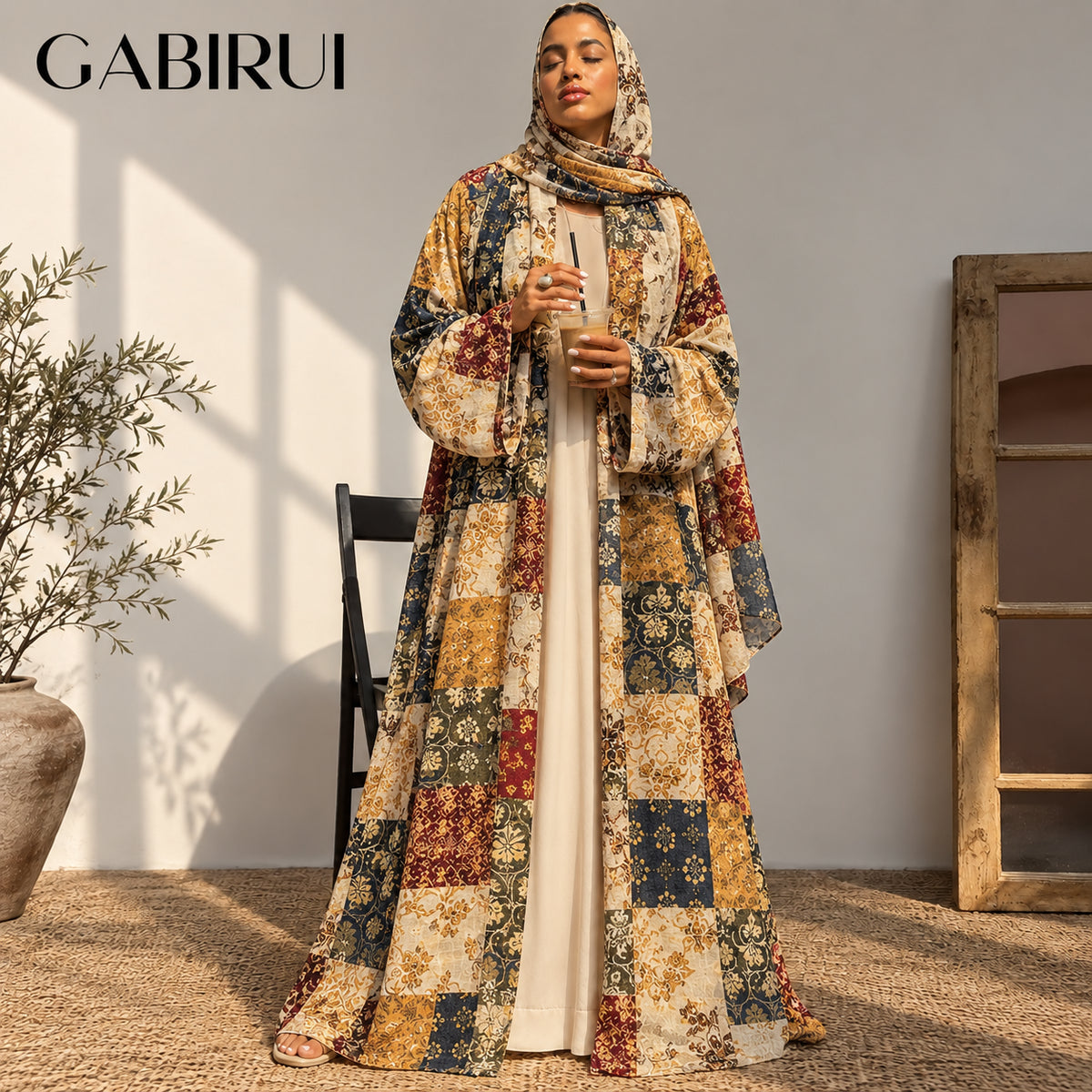 Two-piece Ethnic Art Print Cotton Blend Open Abaya and Hijab wholesale abaya manufacturer ABD-11000038145376