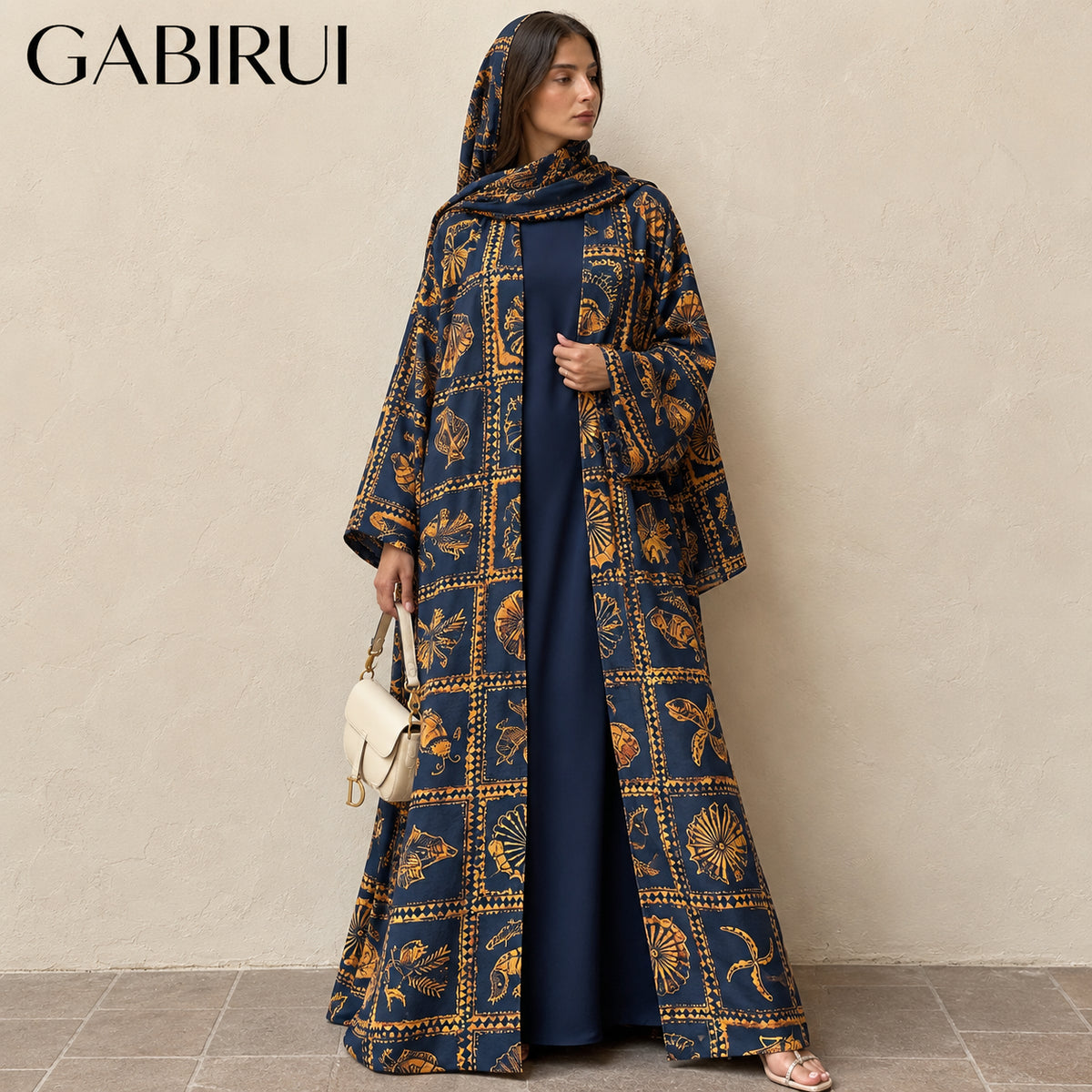 Two-piece Marine Print Cotton Blend Open Abaya and Hijab wholesale abaya manufacturer ABD-11000038328513