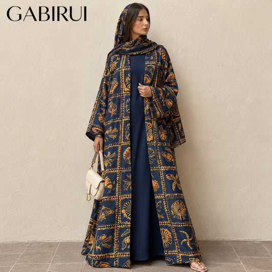 Two-piece Marine Print Cotton Blend Open Abaya and Hijab wholesale abaya manufacturer ABD-11000038328513