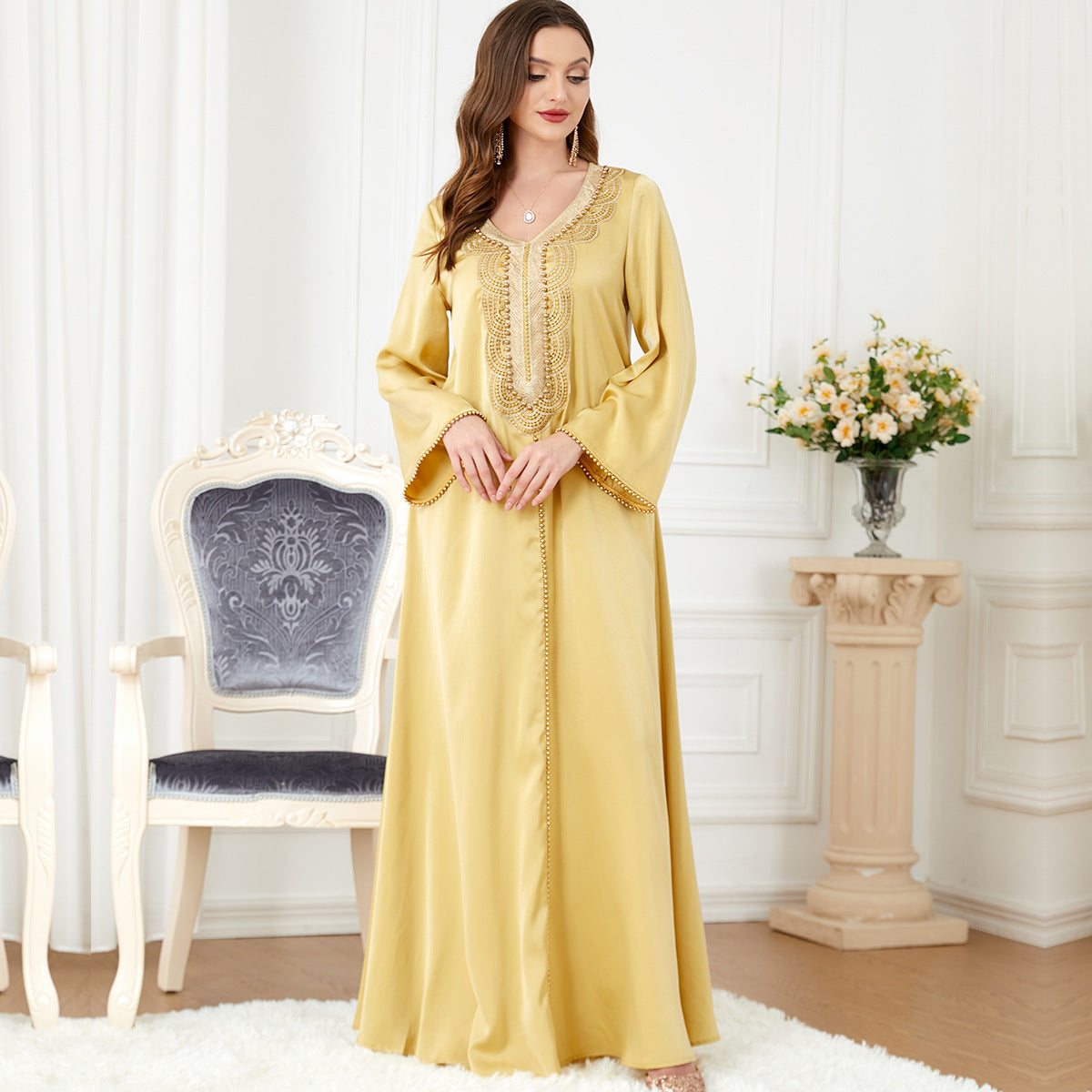 Middle East V-neck Beaded Long Sleeve Abaya Dress wholesale abaya manufacturer ABD-1600800126844