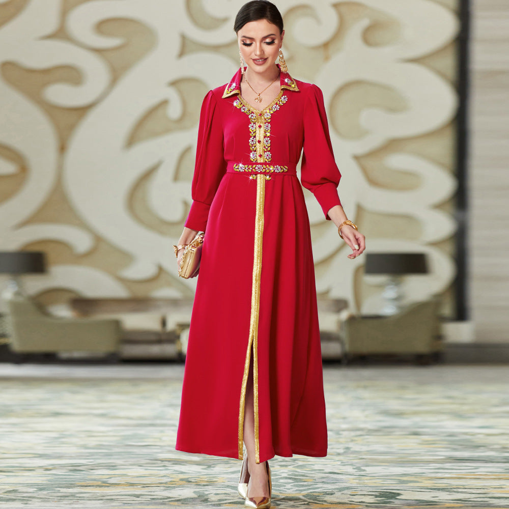 Gold Edge V-neck Rhinestone Party Abaya Robe wholesale abaya manufacturer ABD-1600822050191