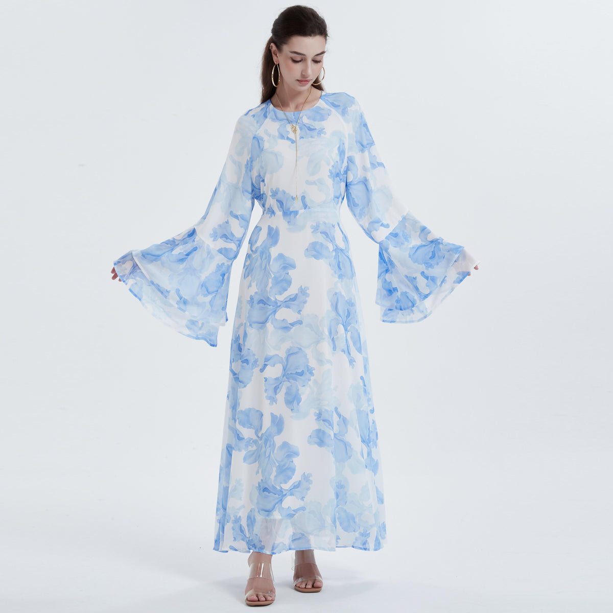 Ramadan Kebaya Chiffon Print Flared Sleeve Maxi Dress wholesale abaya manufacturer ABD-1601265866936