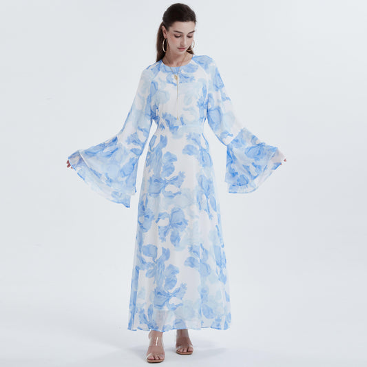 Ramadan Kebaya Chiffon Print Flared Sleeve Maxi Dress wholesale abaya manufacturer ABD-1601265866936
