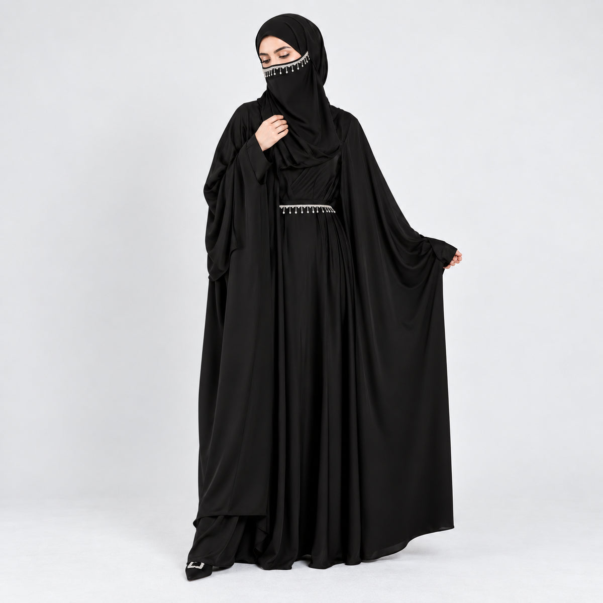 Five-piece Middle Eastern Satin Bat Sleeve Abaya Set wholesale abaya manufacturer ABD-1601641627724