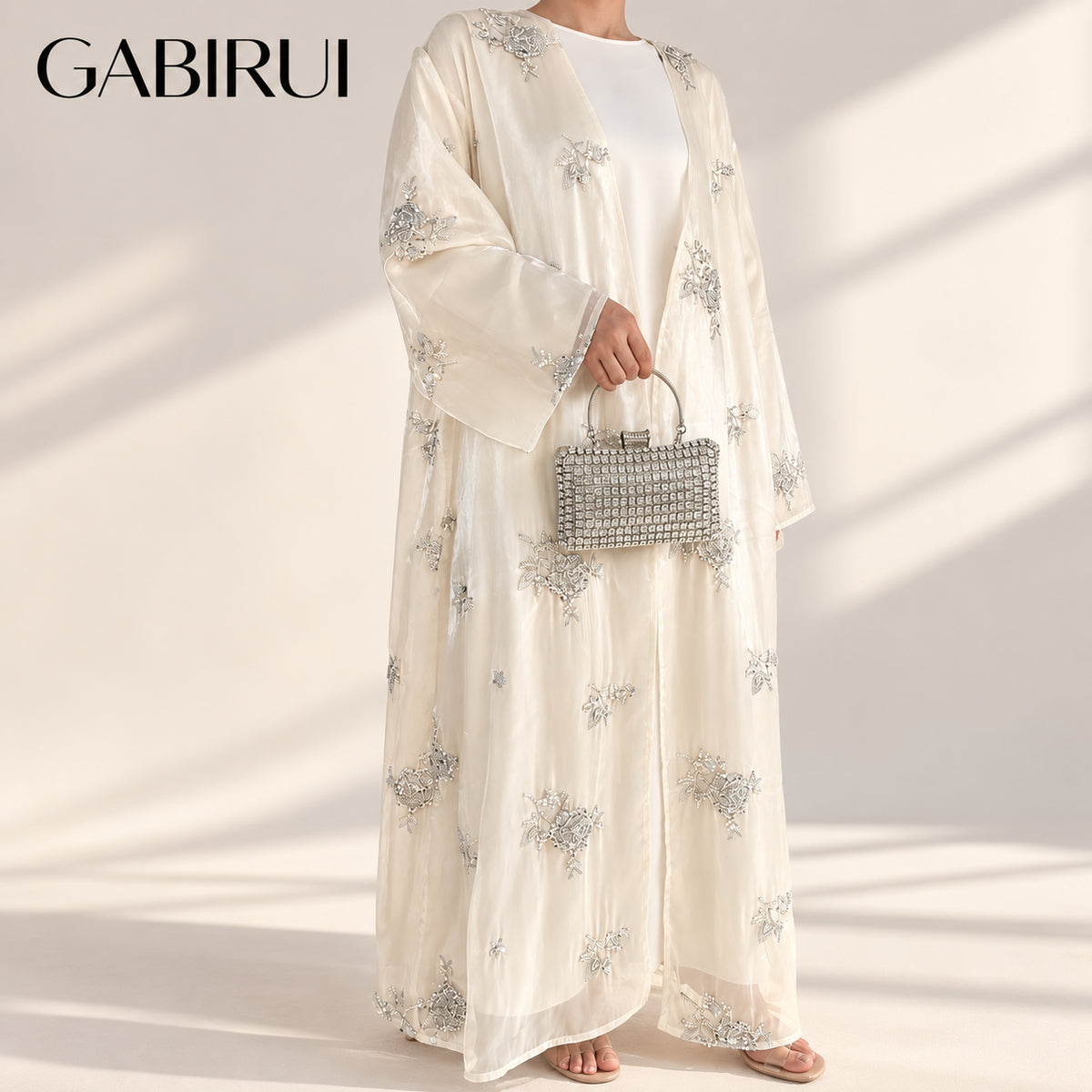 Two-piece Silver Rose Organza Beaded Abaya and Satin Dress wholesale abaya manufacturer ABD-1601943925660