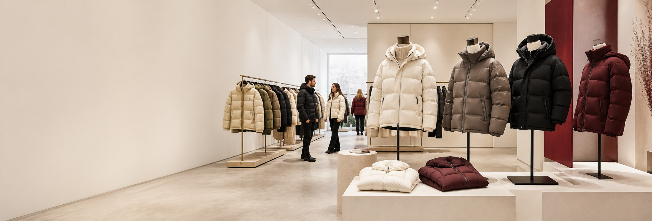 Men's and women's padded jackets showroom for B2B wholesale and custom apparel